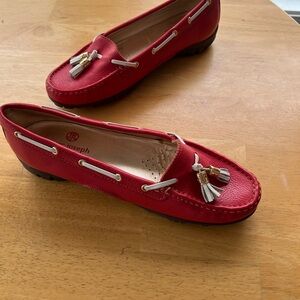 Joseph Red Leather Tassel Driving Loafers with Cream Lacing